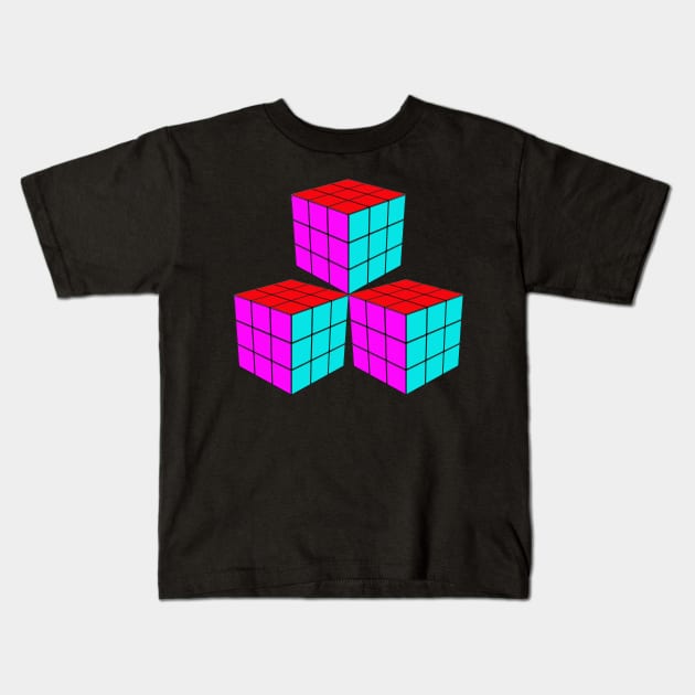 Three Rubik Cubes in a Triangle - Pink, Red and Light Blue Kids T-Shirt by The Black Panther